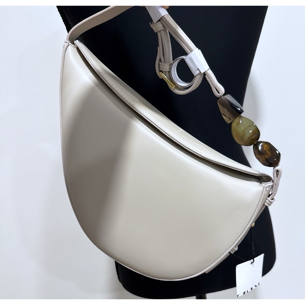 NWT ZARA Ecru Crescent Asymmetrical Large Jewel Stones Handbag Crossbody Purse - Picture 5 of 14